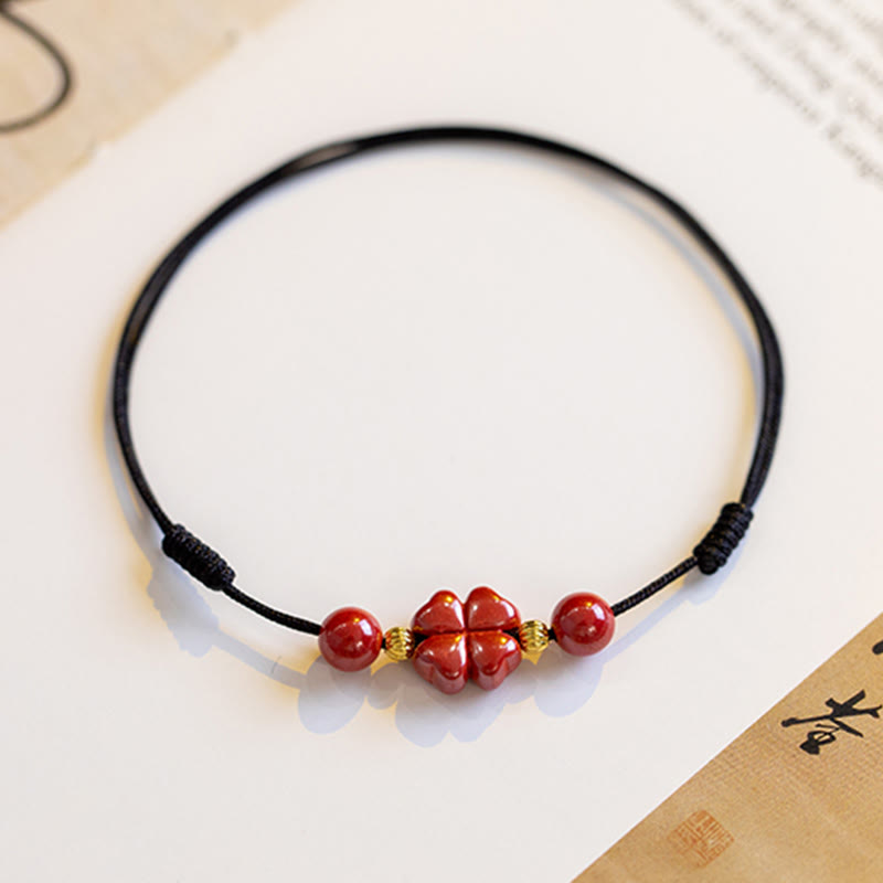 Cinnabar String Bracelet with Four Leaf Clover for Calm & Blessing