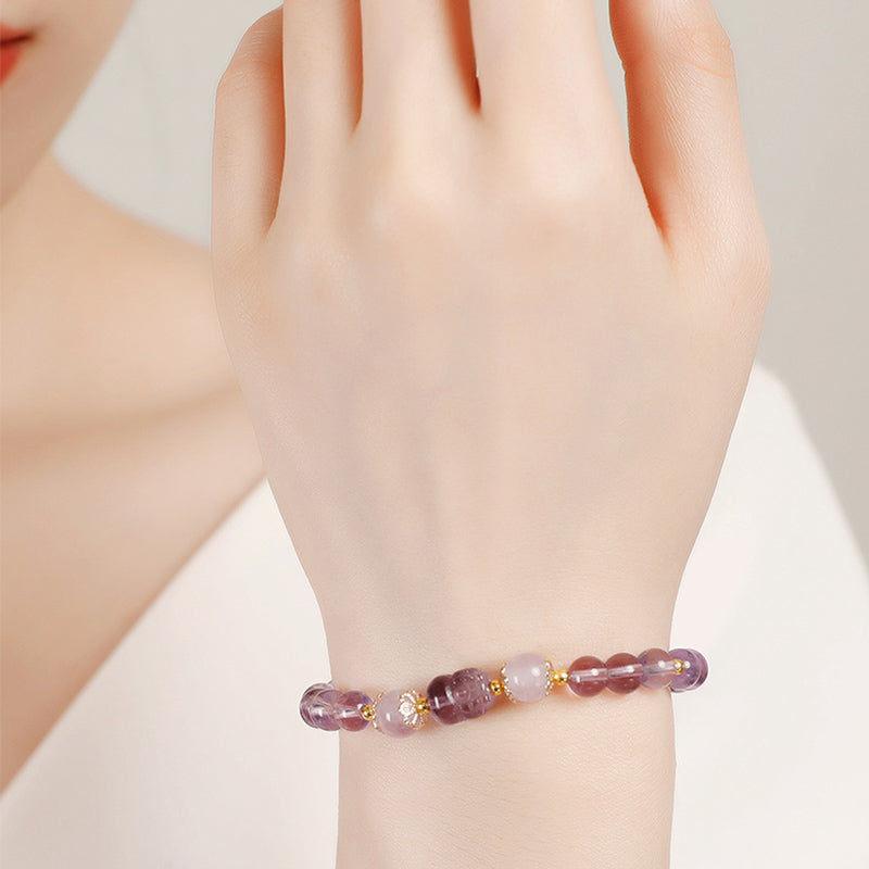 6mm Pixiu Healing Bracelet with Aquamarine, Strawberry Quartz & Amethyst