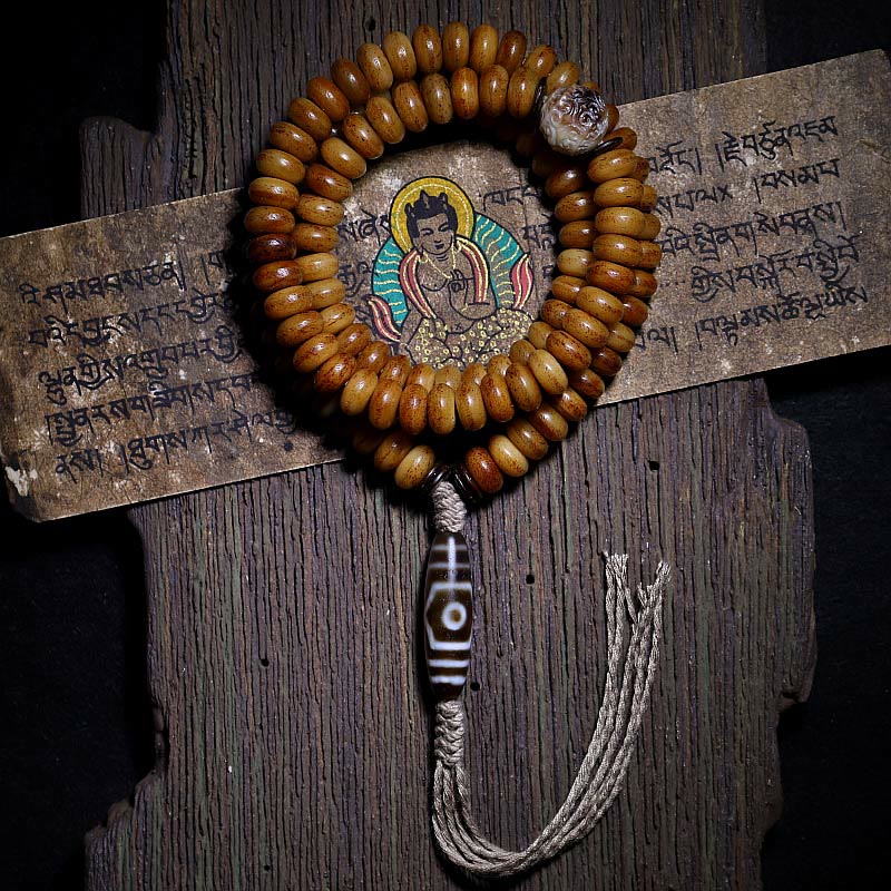 Yak Bone Protection Bracelet with Three-eyed Dzi Bead - 108 Beads