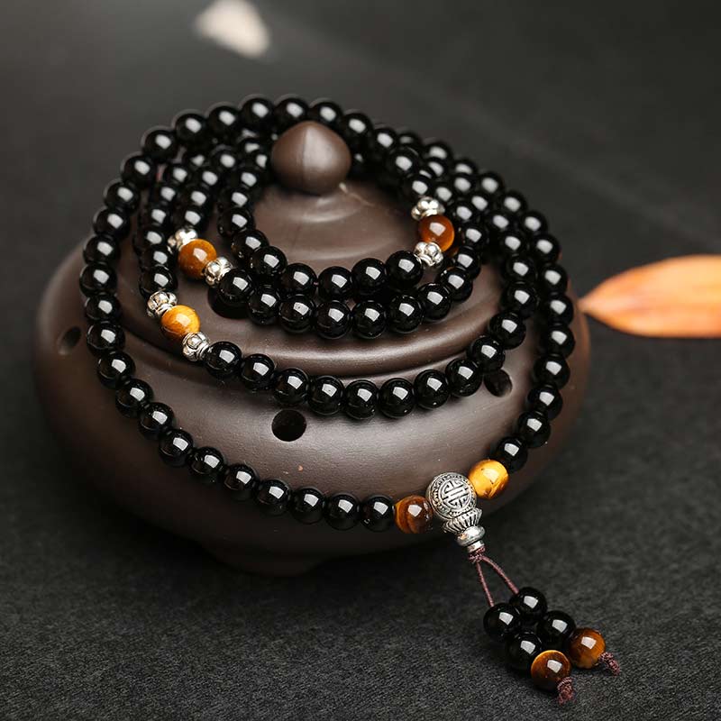 6mm Black Obsidian Tiger Eye Mala Bracelet for Protection