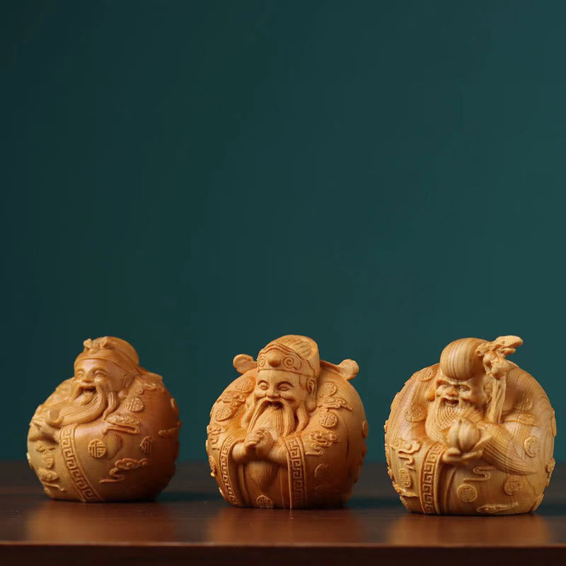 Handcrafted Feng Shui Mini Three Stars Wood Prosperity Decoration