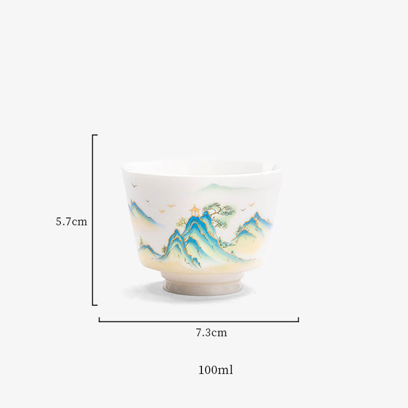 Zen Ceramic Teacup with Lotus Flower and Mountain Design 100ml