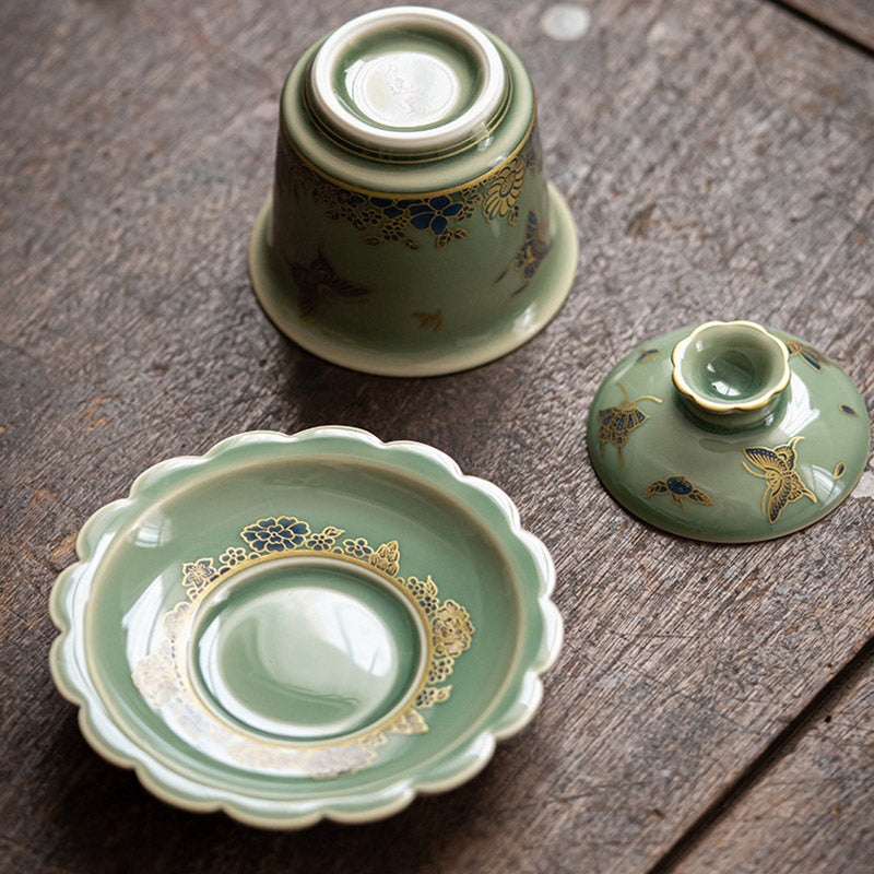 Green Porcelain Gaiwan Tea Set | Butterfly Flower & Salmon Design