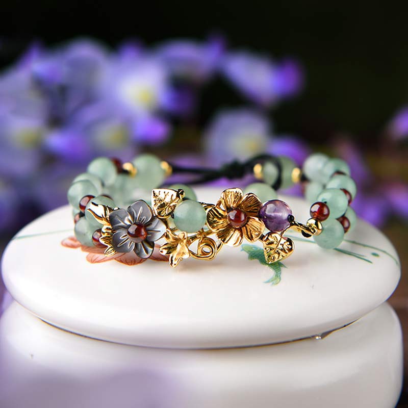 Green Aventurine & Garnet Luck Bracelet with Flower Petals