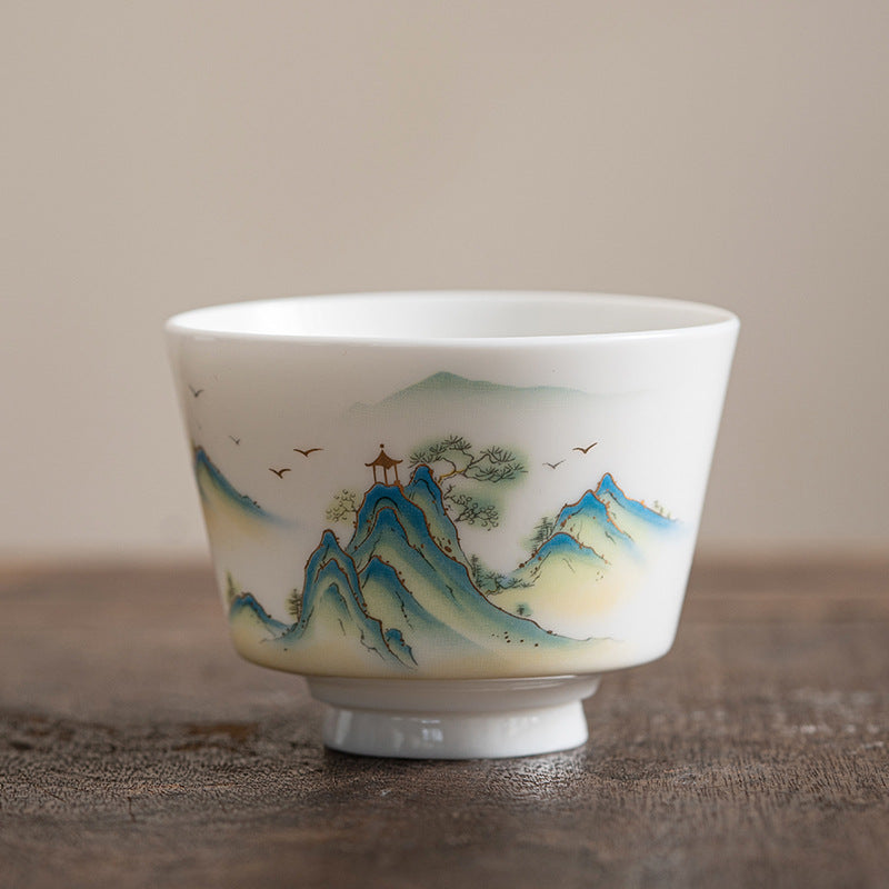 Zen Ceramic Teacup with Lotus Flower and Mountain Design 100ml