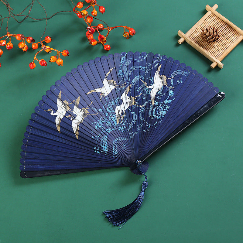Vintage Chinese Bamboo Folding Fan | Crane & Maple Leaf 18.5cm