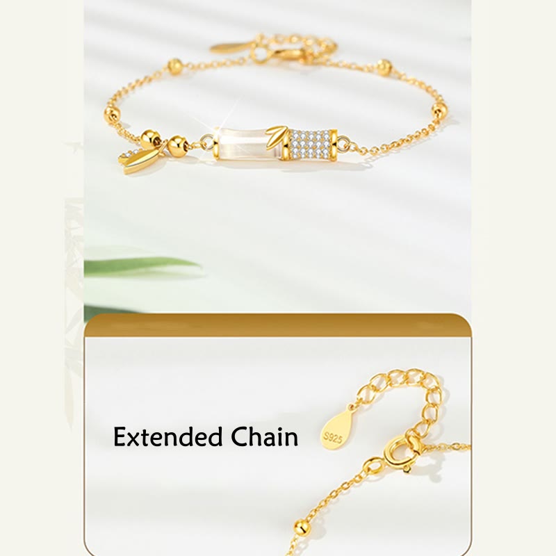 White Jade Protection Bracelet with 18K Gold Plated Silver Bamboo Leaf