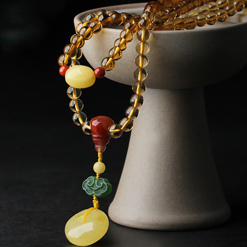 108 Bead Citrine and Amber Gemstone Mala Bracelet for Peace