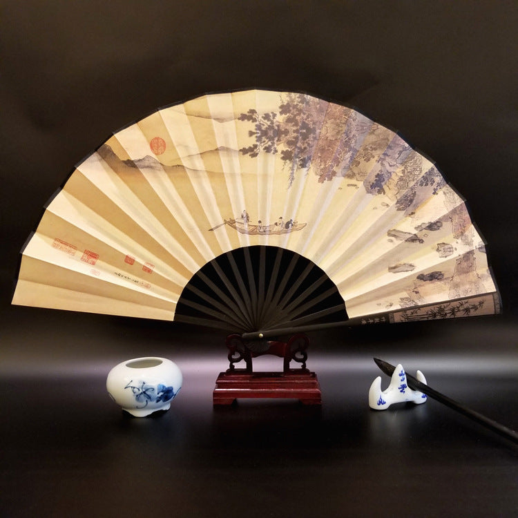 33.5cm Chinese Bamboo Folding Fan with Great Wall Pattern