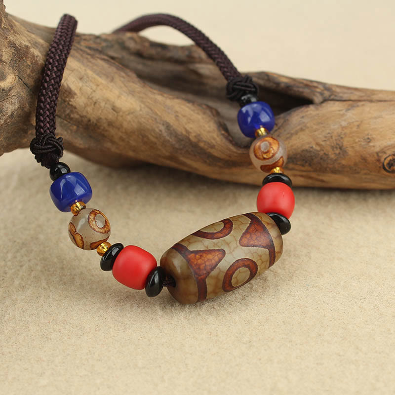 Unisex Agate Necklace with Nine-Eye and Three-Eyed Dzi Beads for Protection