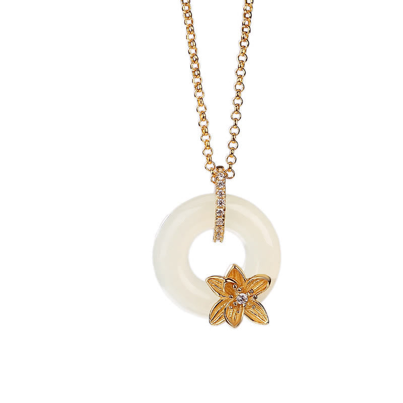 925 Sterling Silver Hetian Jade Peace Buckle Flower Luck Necklace