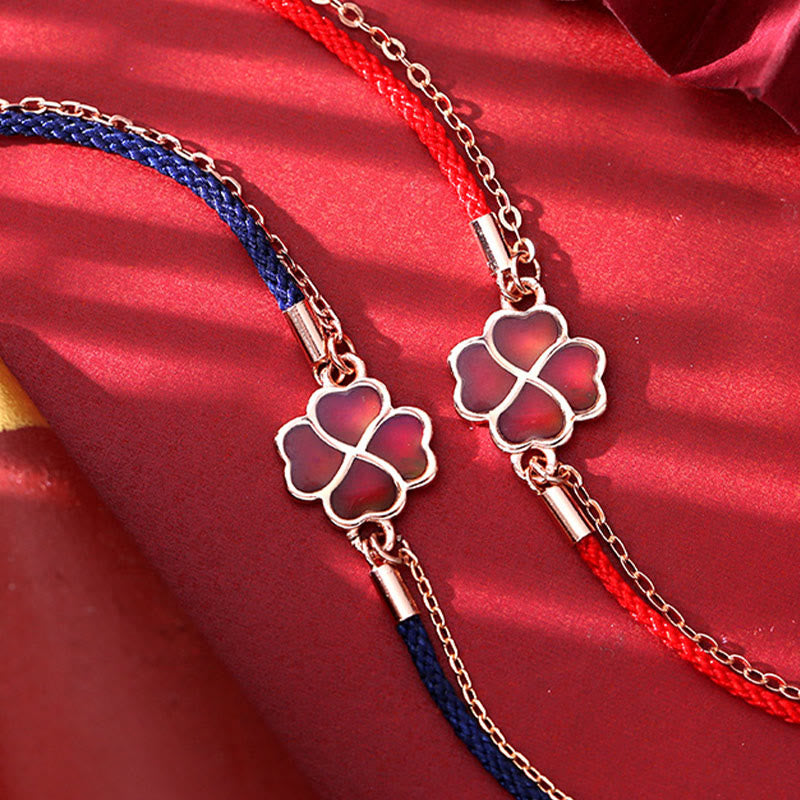 Color-changing Four Leaf Clover Red String Bracelet in 925 Silver for Luck