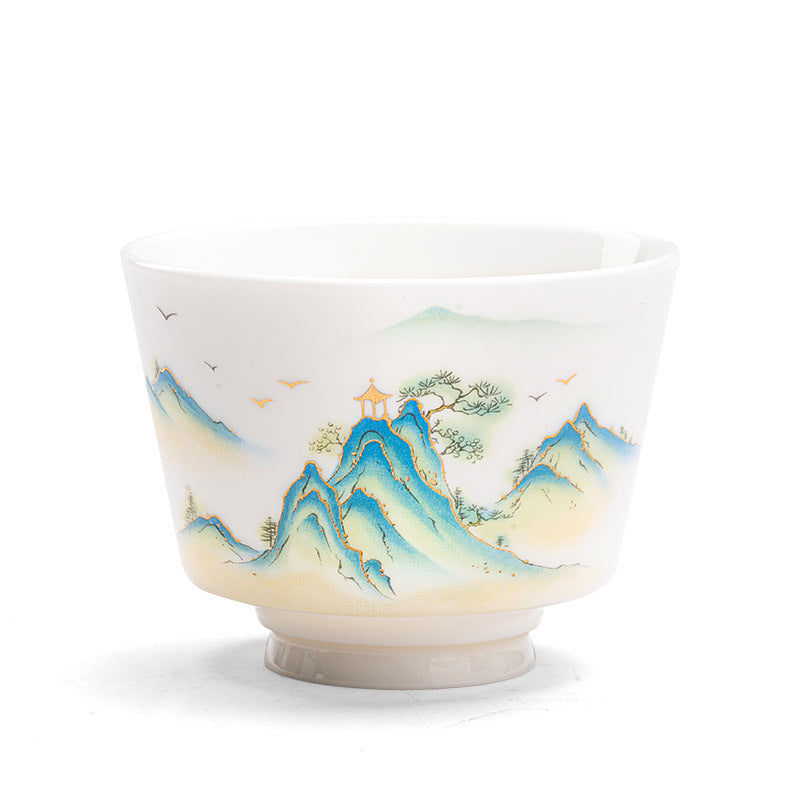 Zen Ceramic Teacup with Lotus Flower and Mountain Design 100ml