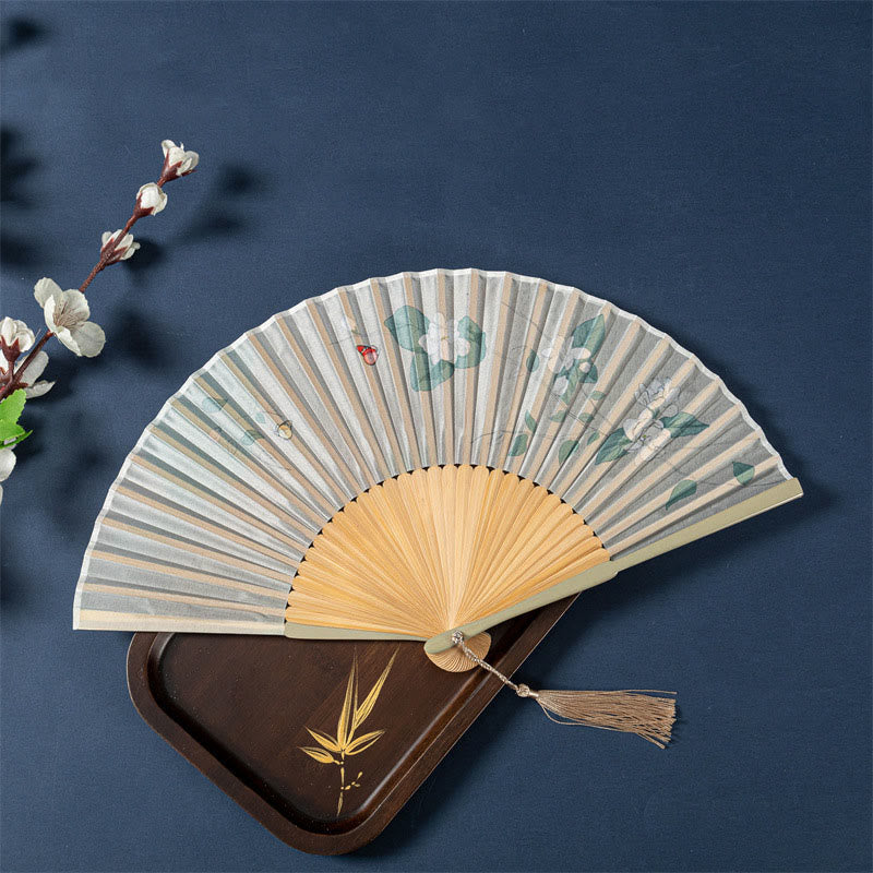 21cm Chinese Folding Fan with Lotus Begonia Jasmine Motifs in Bamboo Frame