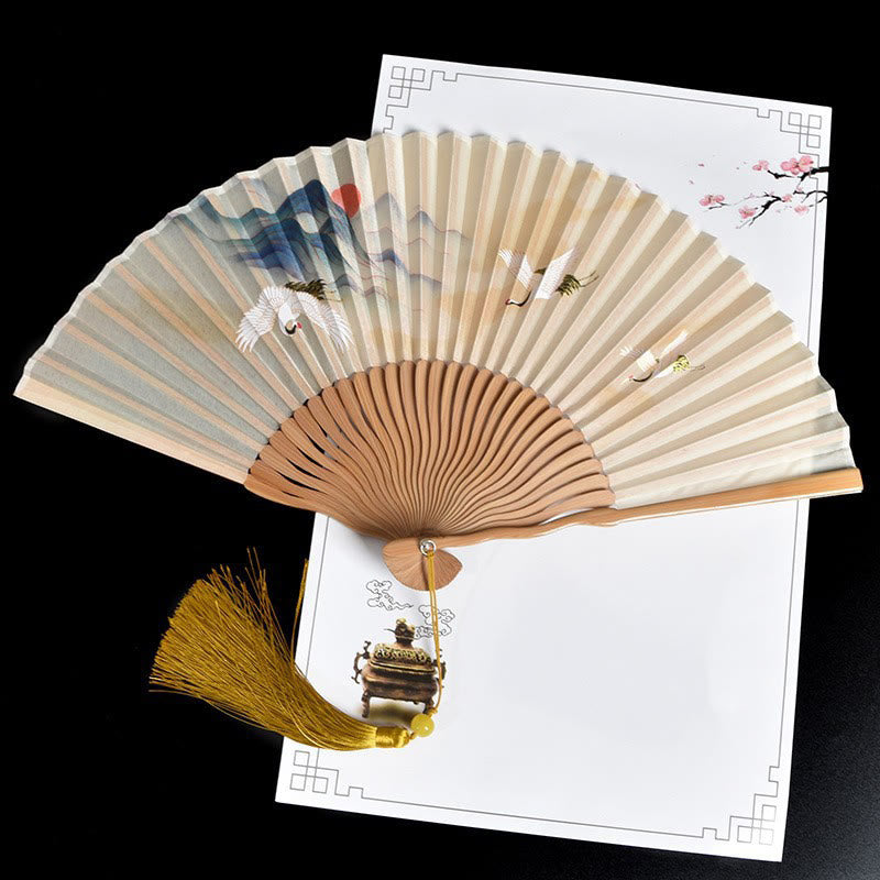 Classic Bamboo Hand Fan | Vintage Cloud Crane Pattern
