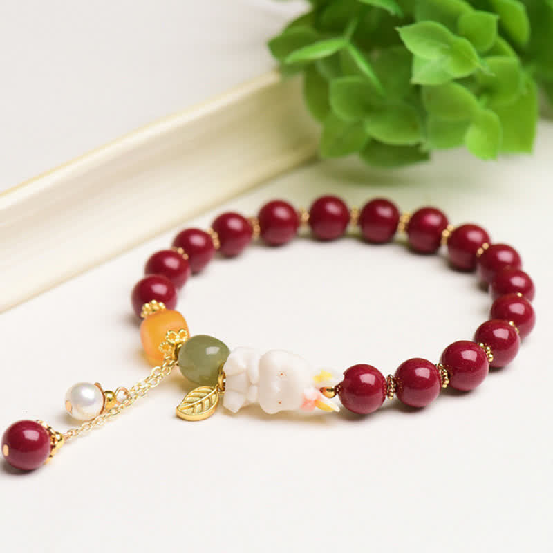 10mm Cinnabar Hetian Jade Blessing Bracelet for Rabbit Year