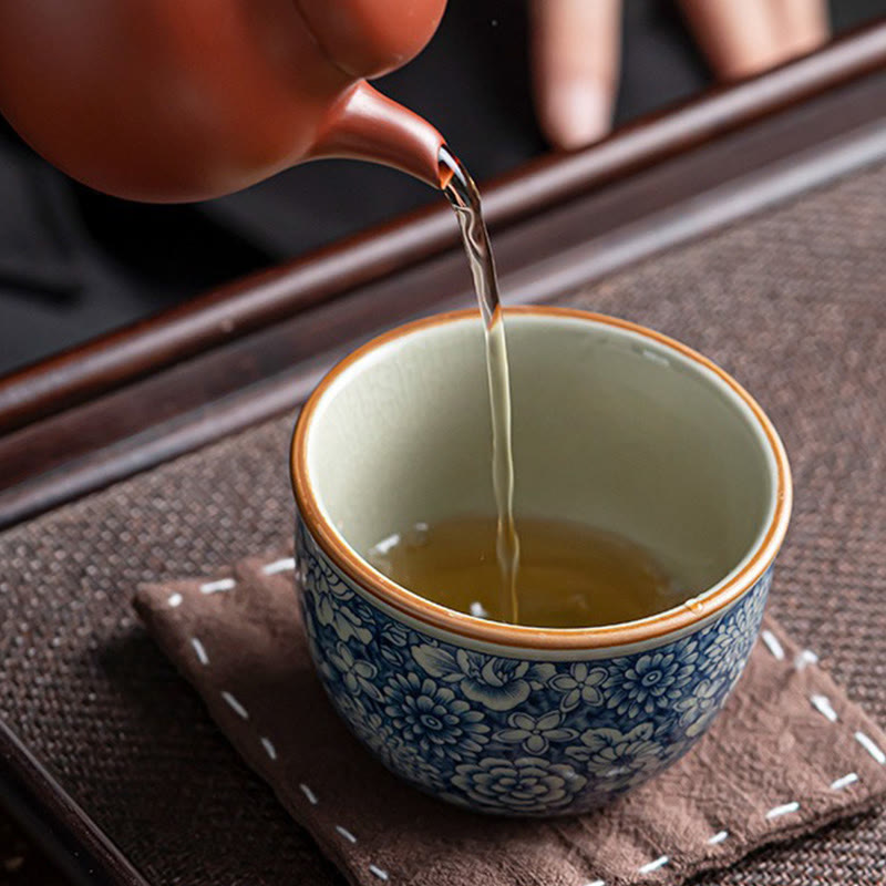 Ceramic Zen Tea Cup with Blue Lotus & Chrysanthemum Design 95ml