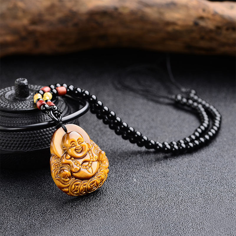 Tiger Eye Laughing Buddha Necklace for Protection & Clarity