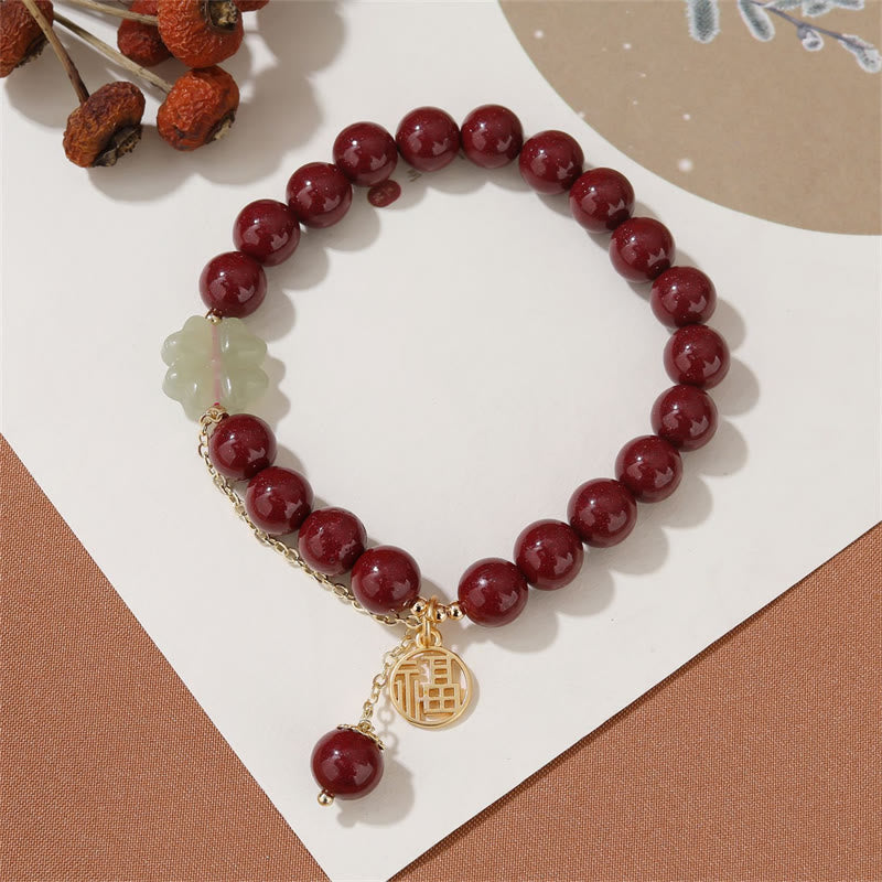 8mm Hetian Jade Jade Bracelet with Cinnabar Fu Blessing Charm