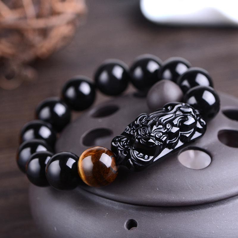 Natural Black Obsidian PiXiu Bracelet 14mm for Strength