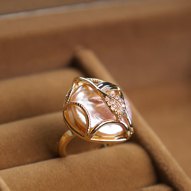 Adjustable Pearl Copper Plated Gold Flower Ring for Wealth & Happiness