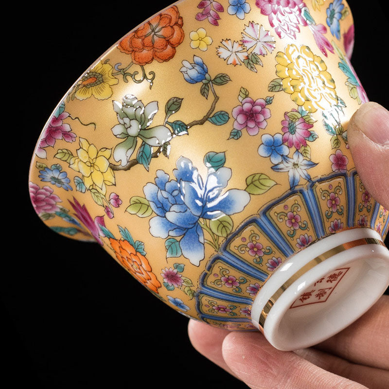 Peony Ceramic Gaiwan Sancai Teacup 9.5cm Meditation