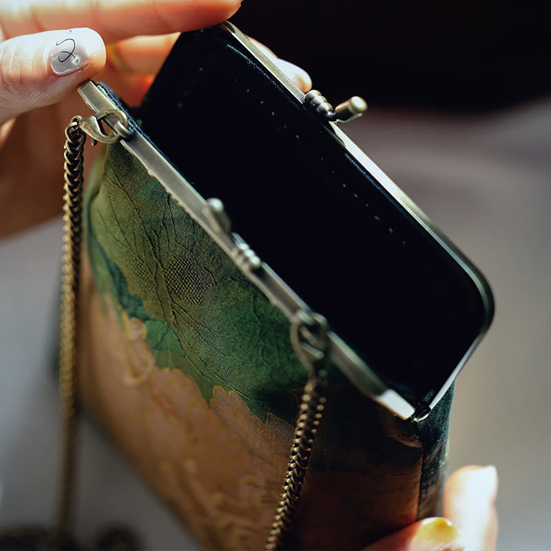 Small Green Peony Butterfly Metal Chain Crossbody Shoulder Bag