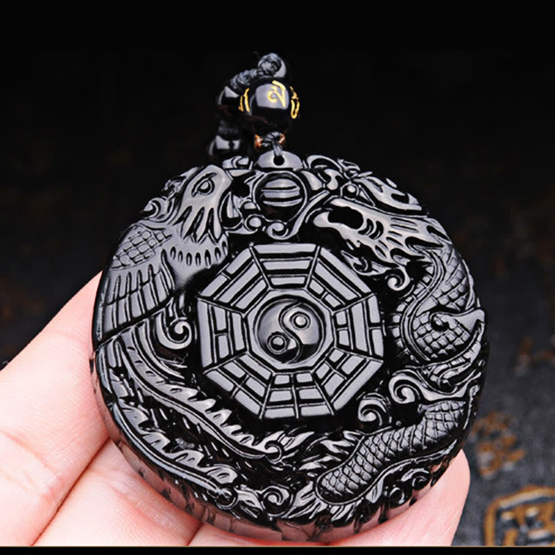 Obsidian Bagua Dragon Phoenix Fulfilment Pendant Necklace