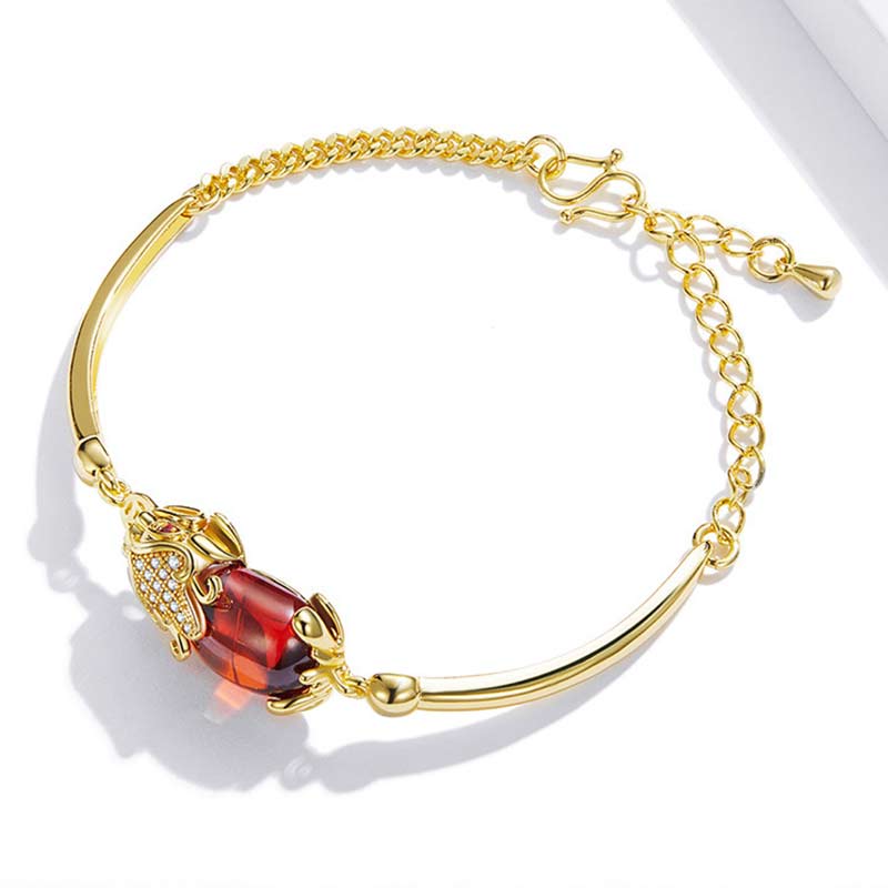 Golden Red Agate Pixiu Bracelet 7.5in Wealth & Luck