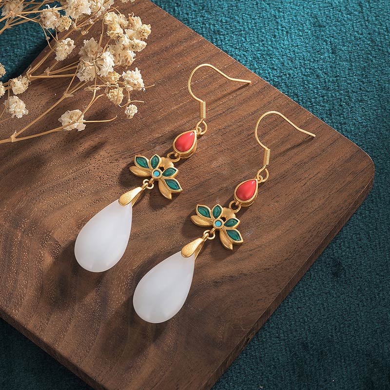 White Jade Luck Drop Earrings for Protection & Happiness