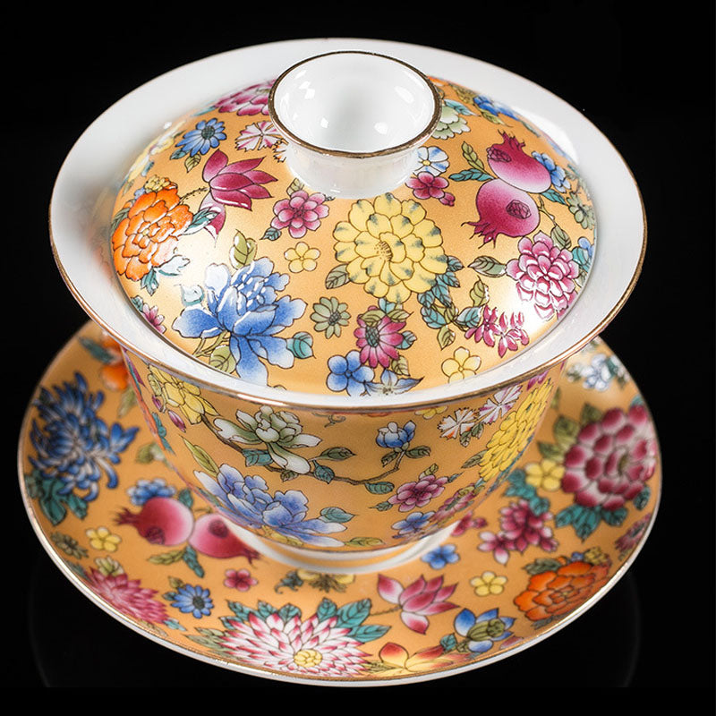 Peony Ceramic Gaiwan Sancai Teacup 9.5cm Meditation
