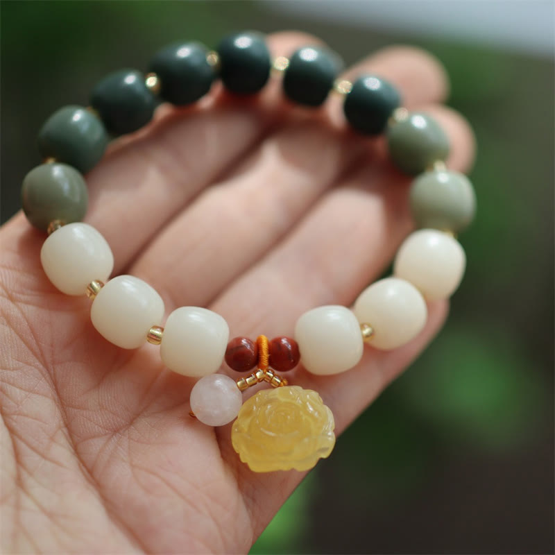 Unisex Lotus Bracelet with Bodhi Seed, Amber & Red Agate Beads