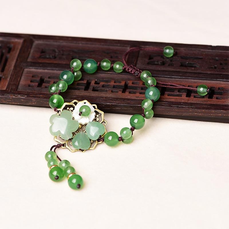 Unisex Green Jade Luck Flower Charm Bracelet 6-10mm Beads