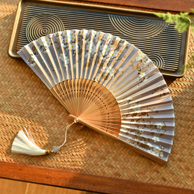 21cm Chinese Folding Fan with Cherry Blossoms | Bamboo & Polyester