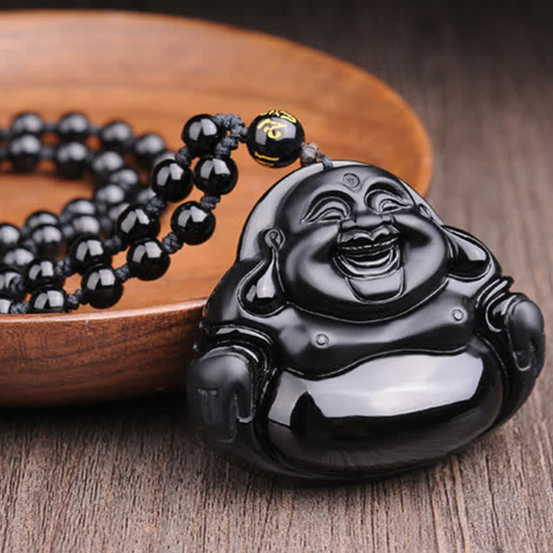 Black Obsidian Laughing Buddha Transformation Pendant