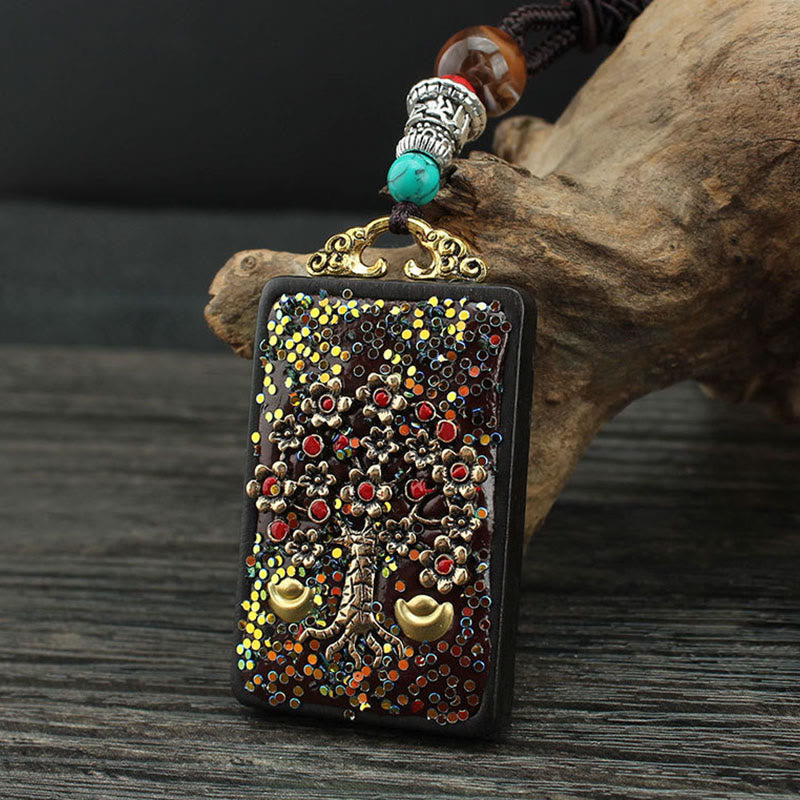 Ebony Spiritual Necklace with Wealth Gods & Golden Phoenix