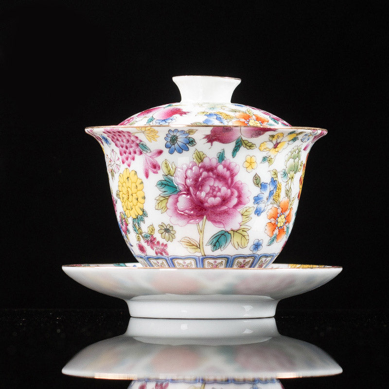 Peony Ceramic Gaiwan Sancai Teacup 9.5cm Meditation
