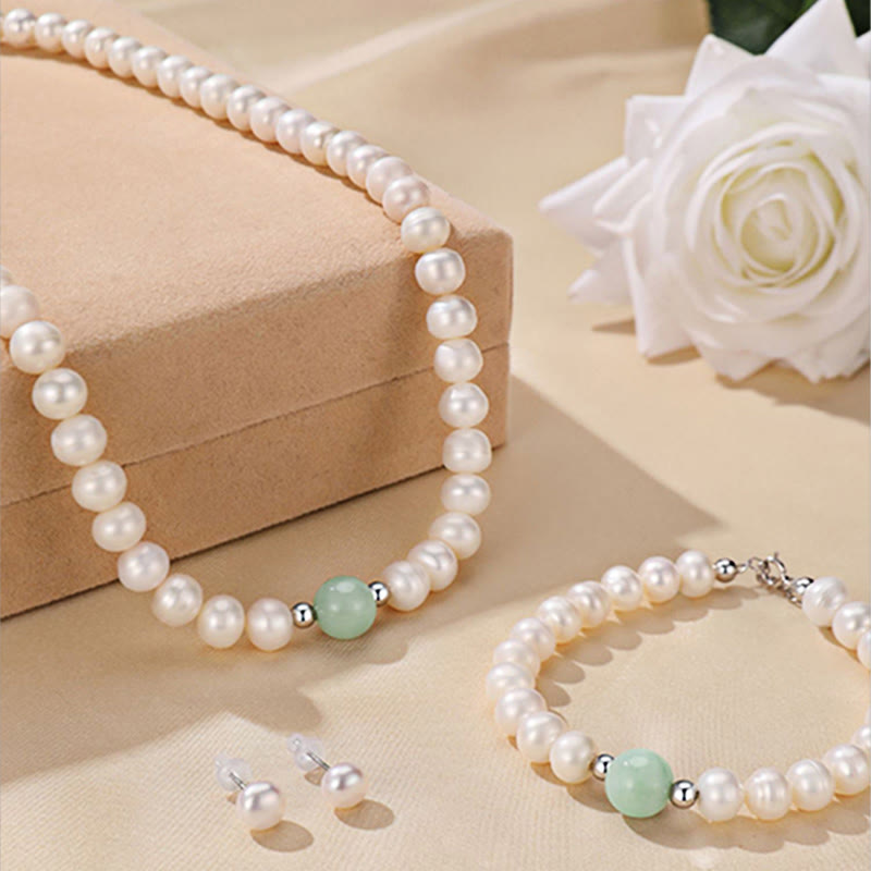 925 Sterling Silver Pearl Jewelry Set with Necklace Bracelet Earrings