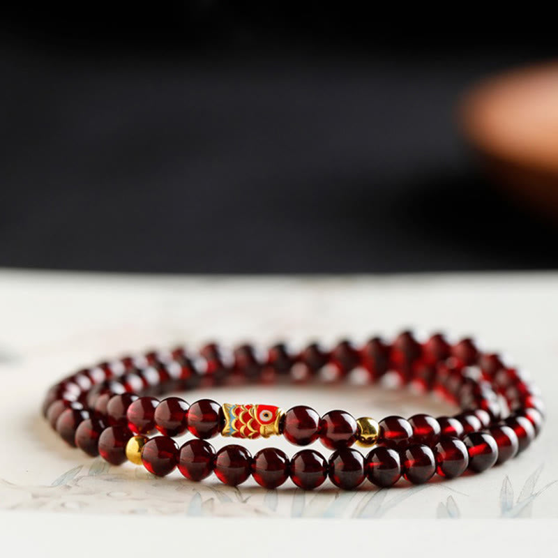 5mm Garnet Bracelet with 999 Gold Koi Fish for Protection