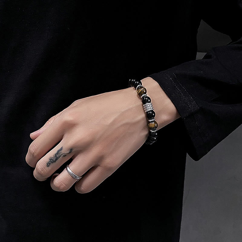 Obsidian Bracelet 10mm with Tiger Eye for Strength & Balance