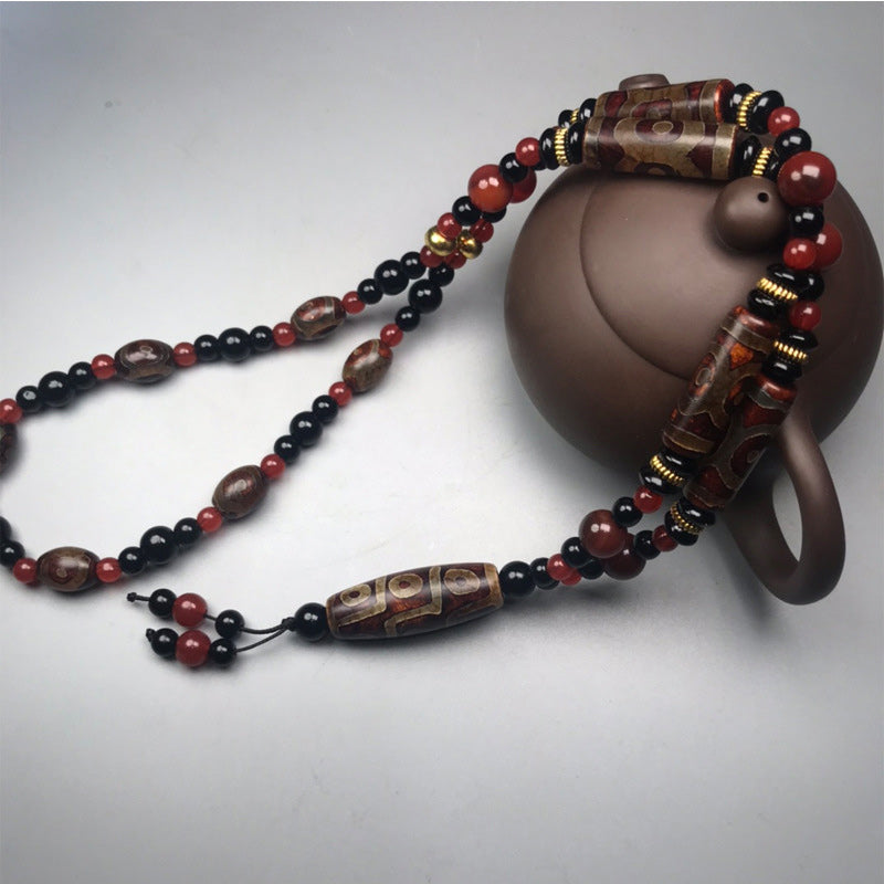 Nine-Eye Dzi Bead Red Agate 9x12mm Wealth Necklace