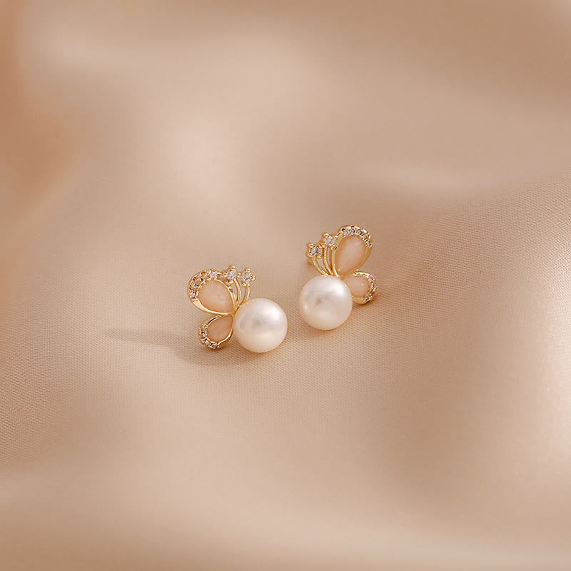 18K Gold Pearl Butterfly Love Freedom Stud Earrings