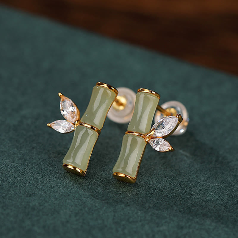 925 Sterling Silver Jade Bamboo Luck Stud Earrings
