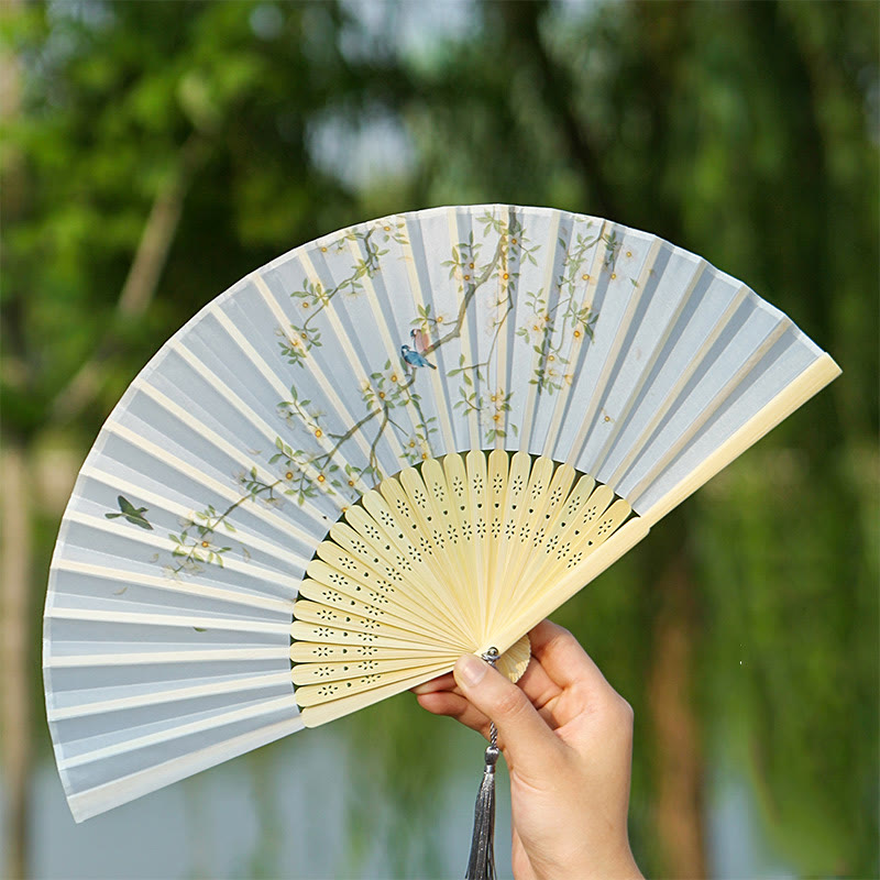 Classic Birds Singing Flowers Bamboo Folding Fan