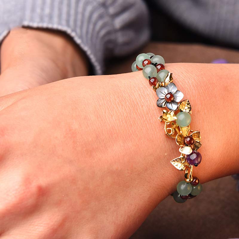 Green Aventurine & Garnet Luck Bracelet with Flower Petals