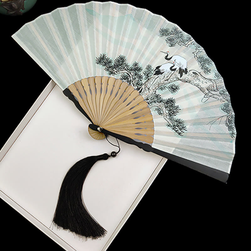 Chinese Folding Fan with Bamboo and Koi Fish Patterns