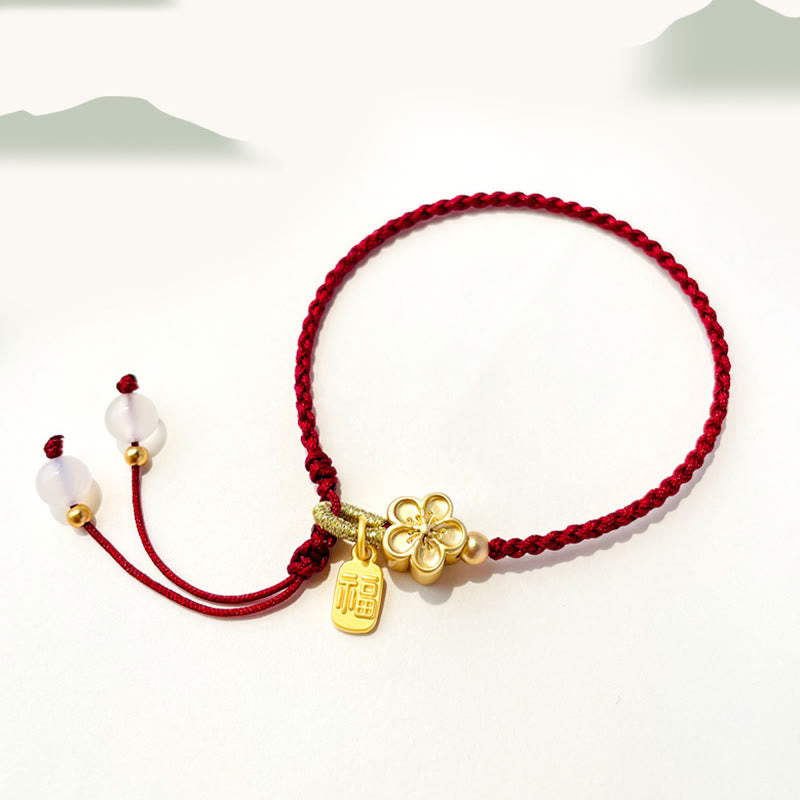 Red String Bracelet with Fu Character Charm and Peach Blossom Detail