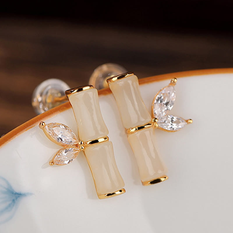 925 Sterling Silver Jade Bamboo Luck Stud Earrings