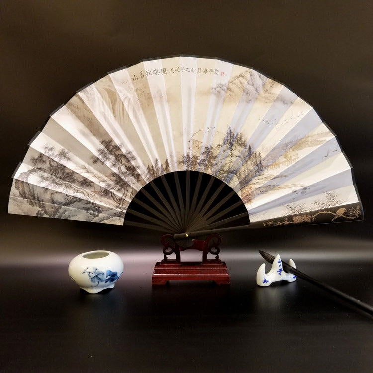 33.5cm Chinese Bamboo Folding Fan with Great Wall Pattern
