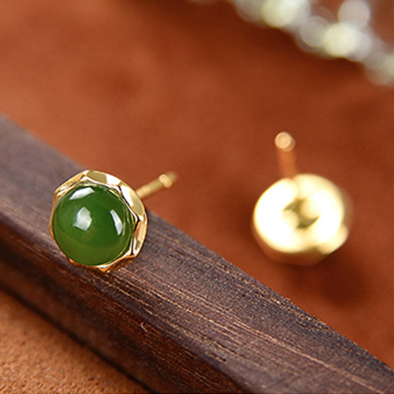 8mm Cyan Jade Stud Earrings in Sterling Silver Gold Plated for Luck